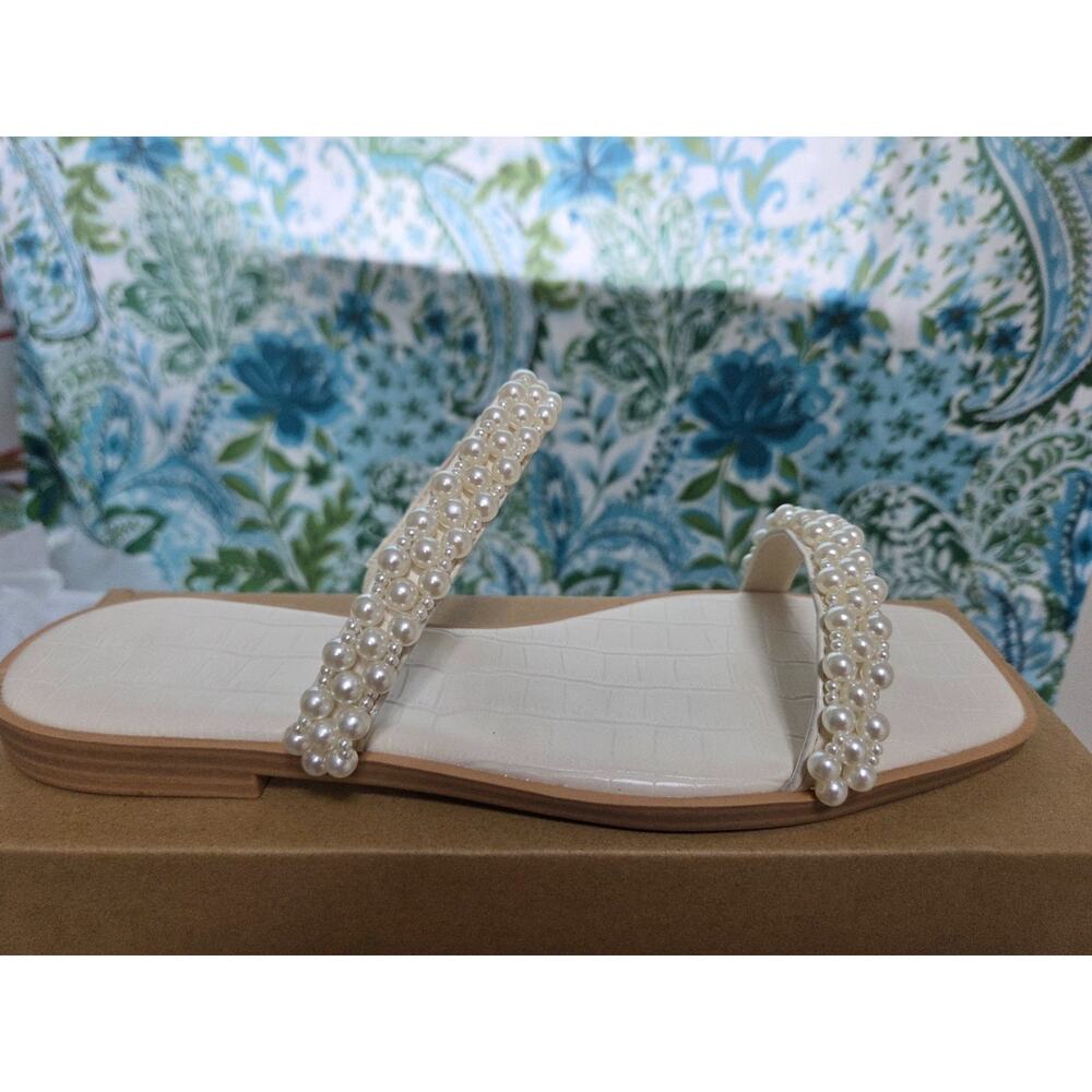Coutgo Womens Flat Sandals Square Open Toe Pearl Two Strap Slip On Beach...